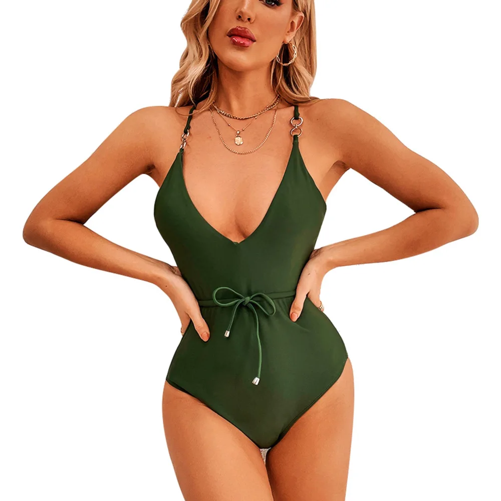 Women Swimsuit Pure Green Color Deep V Backless Regulable Thin Shoulder Straps One Piece Swimsuit for Swimming Parties Green M