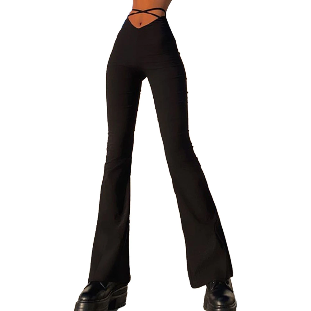 Women Long Pants V Shape Low Waist Crossing Straps Pure Color Casual Bell Bottomed Pants Black XS