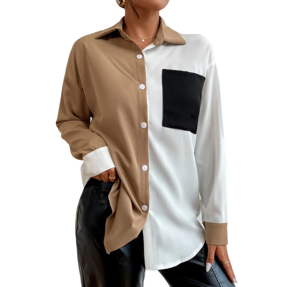 Women Shirt Single Row Button Color Stitching Long Sleeves One Sided Pocket Loose Hem Casual Shirt for Daily Khaki S