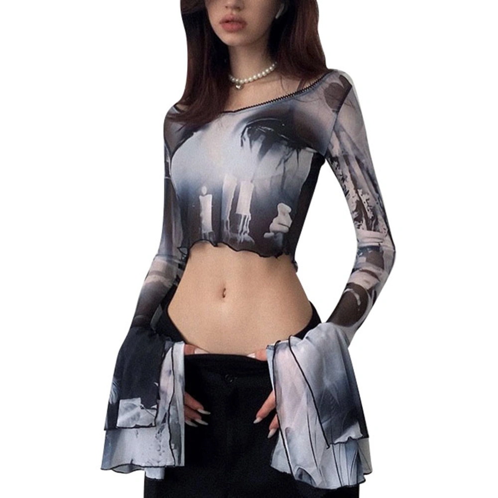 Bell Sleeve Slim Shirt Crewneck Tie Dye Soft Casual Breathable Bell Sleeve Blouse Short Shirts for Women Black M