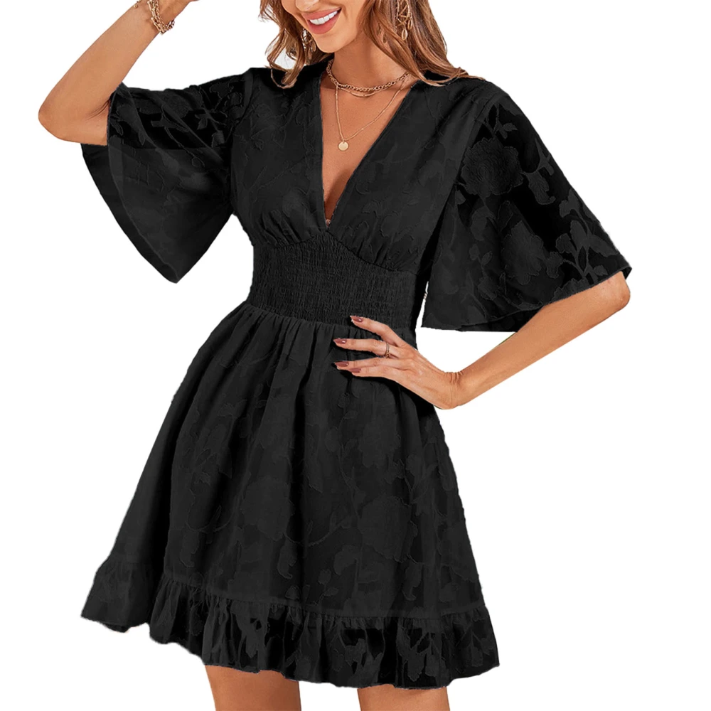 Deep V Ruffle Hem Dress Bell Sleeve High Waist Shirred Flowy A Line Elegant Half Sleeves Ruffle Dress Black S