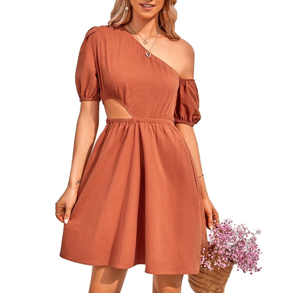 One Shoulder Cutout Dress Pure Color Short Sleeve Elegant Elastic Soft One Shoulder Dress for Women Brownish Red L