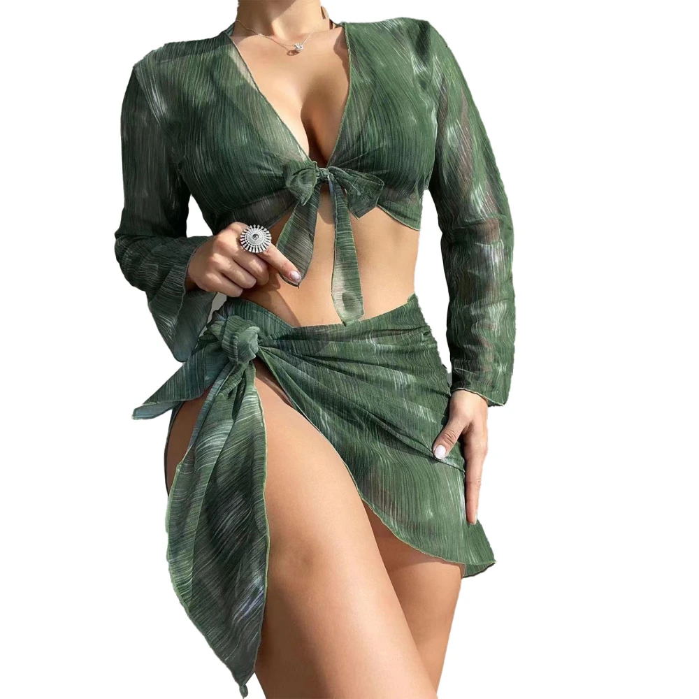 4pcs Women Swimsuit Set Halter Neck Bra Chest Pads Hip Wrap Bathing Suit with Long Sleeves Top Green L