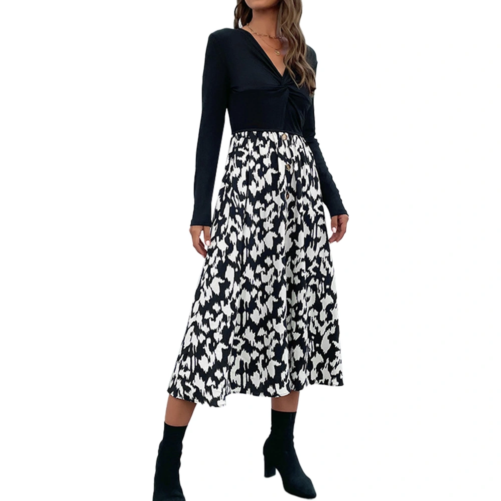 Women Dress Knot Front V Neck Patchwork Printed A Line Loose Hem Long Sleeve Dress Black L