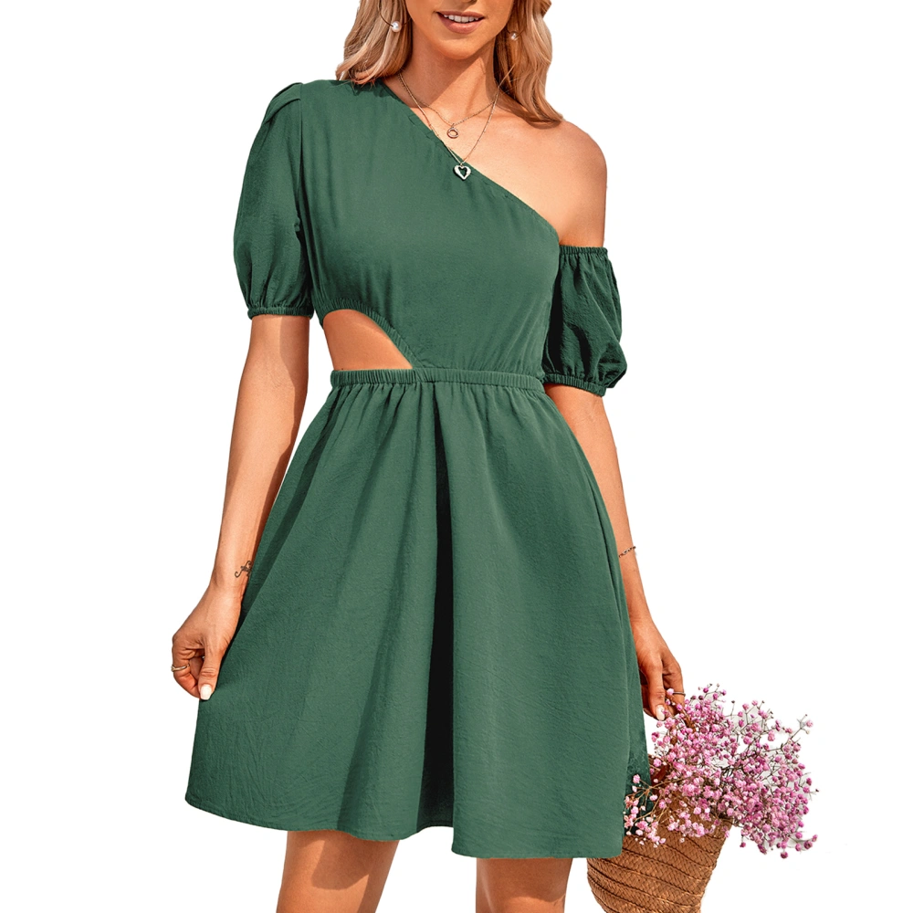 One Shoulder Cutout Dress Pure Color Short Sleeve Elegant Elastic Soft One Shoulder Dress for Women Green S