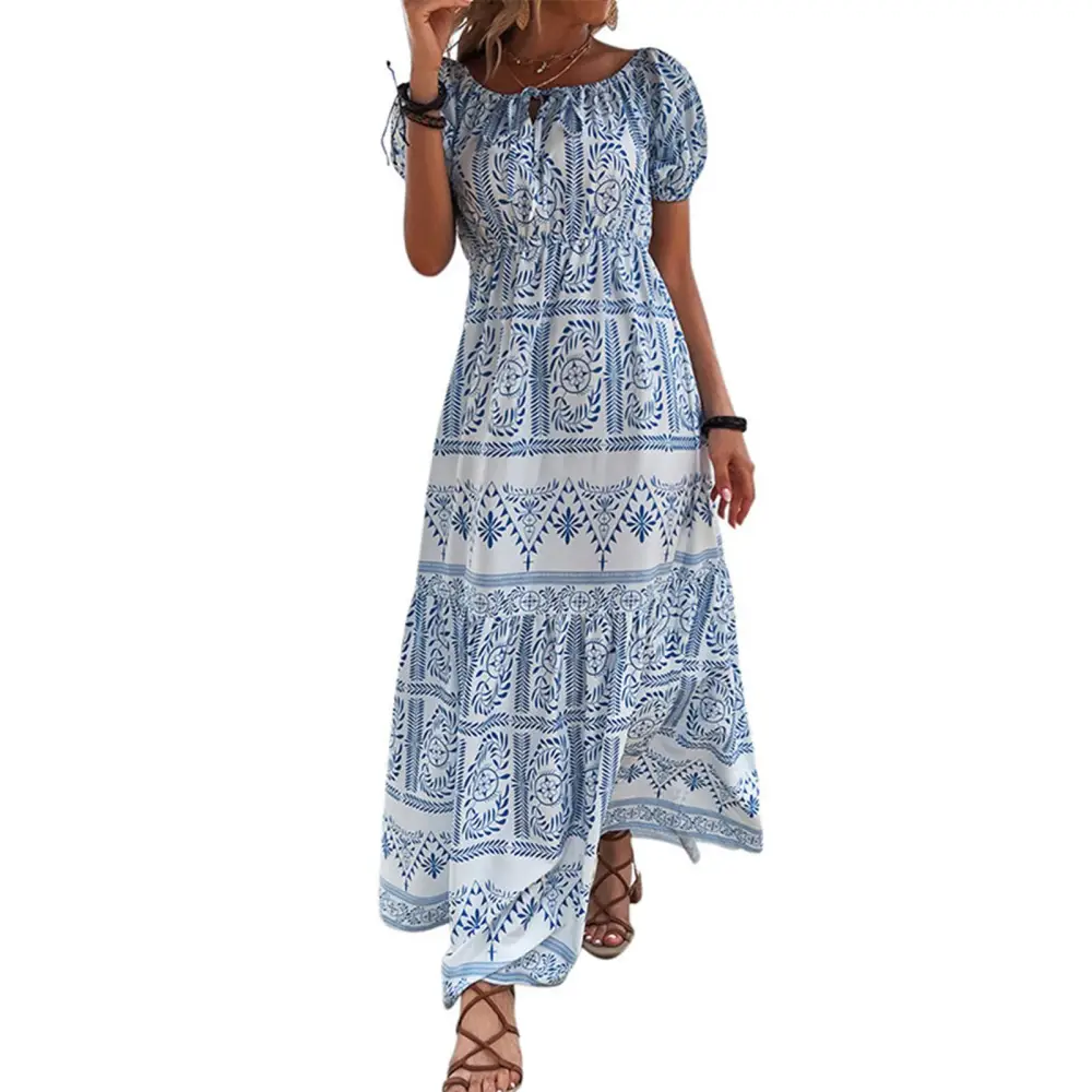 Floral Casual Dress Off Shoulder Puff Short Sleeve Blue Tight Waist A Line Loose Hem Flowy Dress Blue M