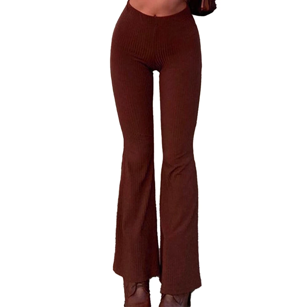 Women Flare Pants High Waisted Pure Color Long Stripes Bell Bottom Lounge Trousers for Daily Party Work Brown L