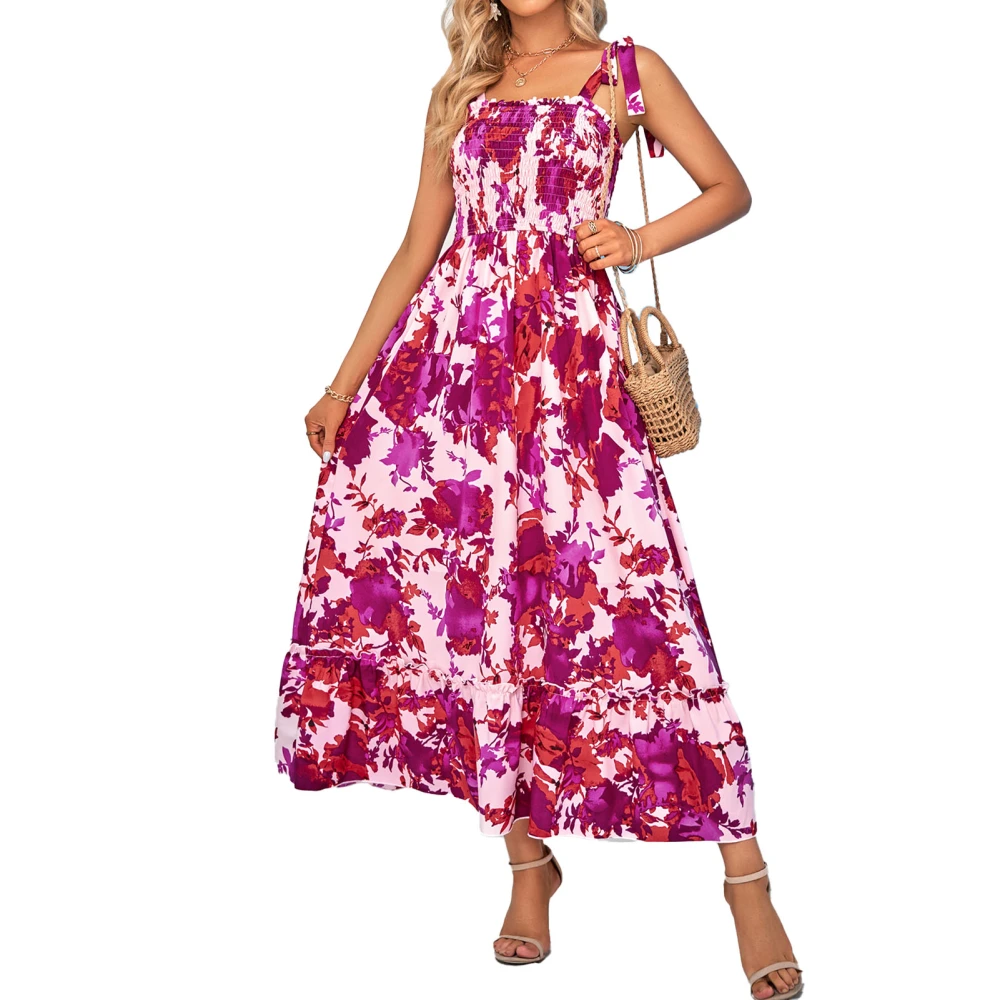 Maxi Dress Shirred Printed Strap Pleated Fashionable Elegant Female Maxi Dress for Dating Party Purple S