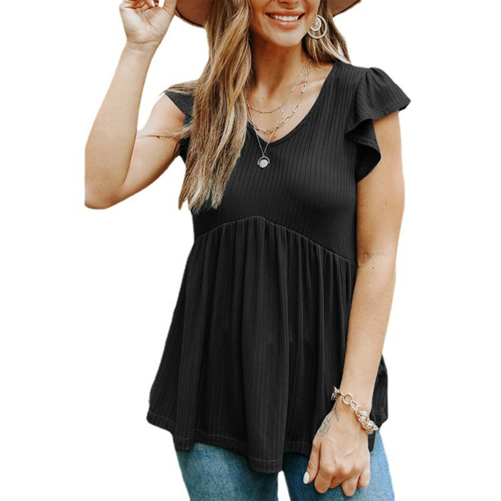 Women Casual Top Ruffle Short Sleeves V Neck Splicing Loose Hem Ribbed Lady Blouse for Spring Summer Black M