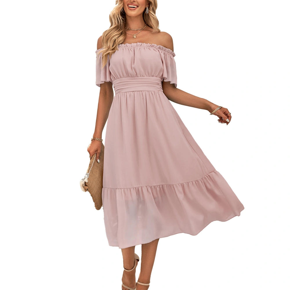 Off Shoulder Long Skirt Dress Frill Trim Shirred Solid Color Waist Closing Fresh Clothes Pale Mauve L