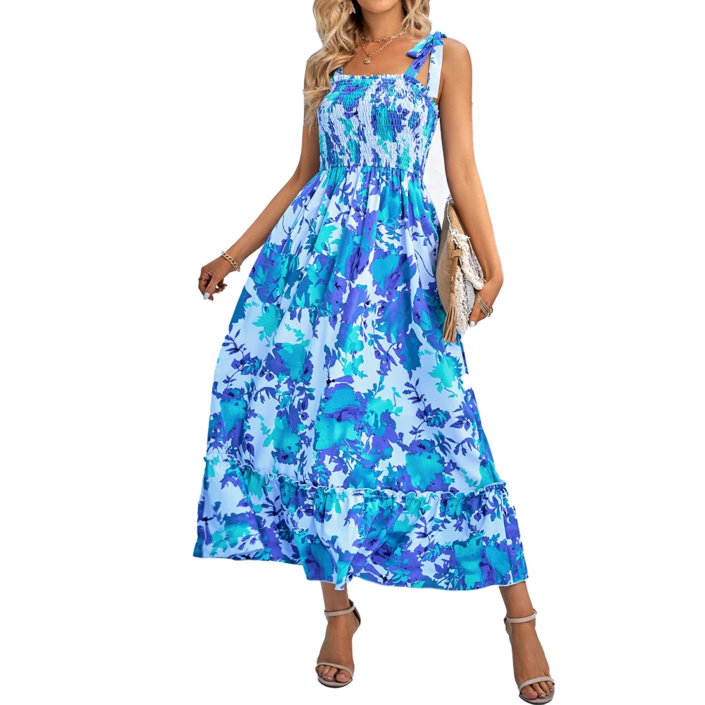 Maxi Dress Shirred Printed Strap Pleated Fashionable Elegant Female Maxi Dress for Dating Party Blue M