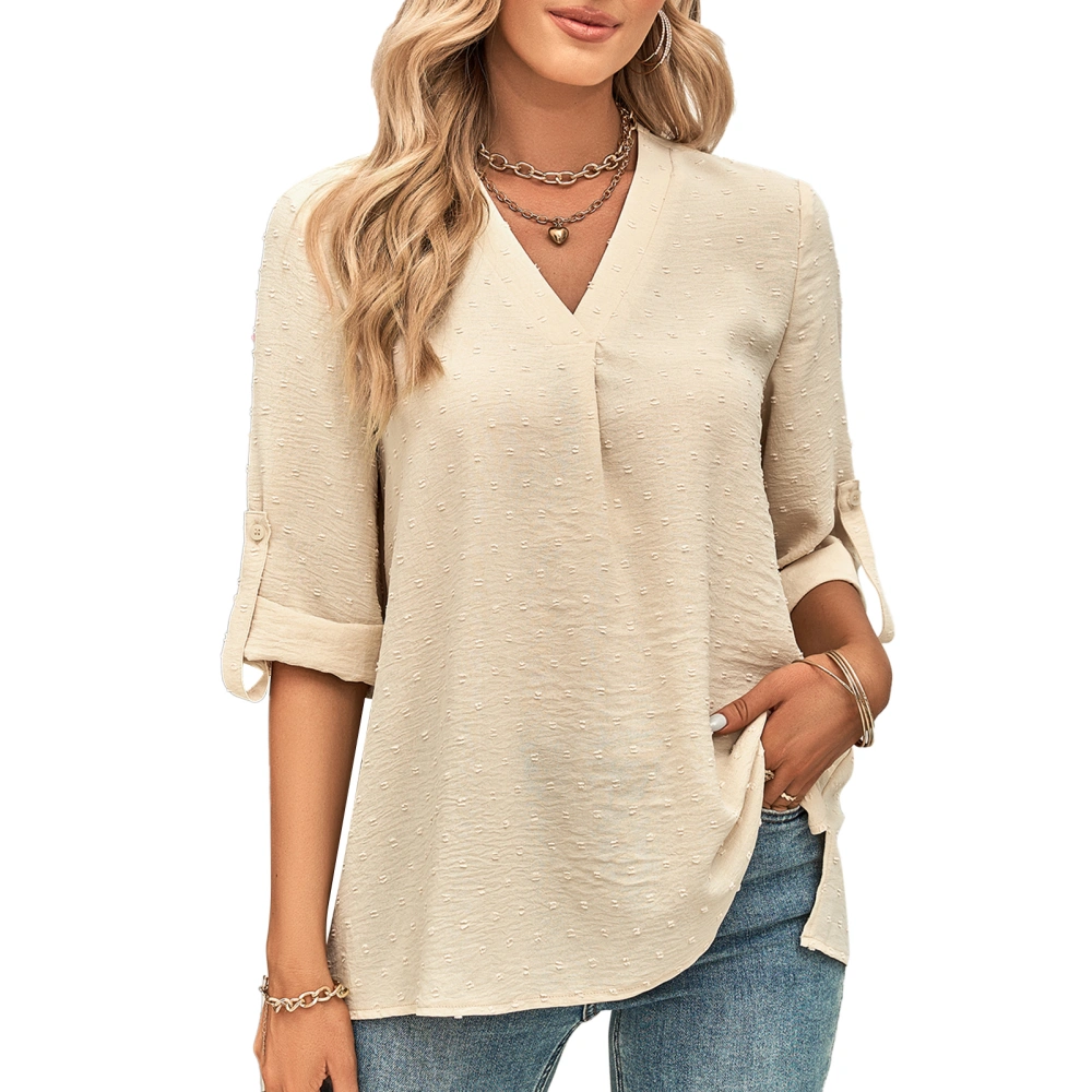 V Neck Three Quarter Sleeve Top for Women Fashion Soft Breathable Pure Color Loose Top for Shopping Apricot L