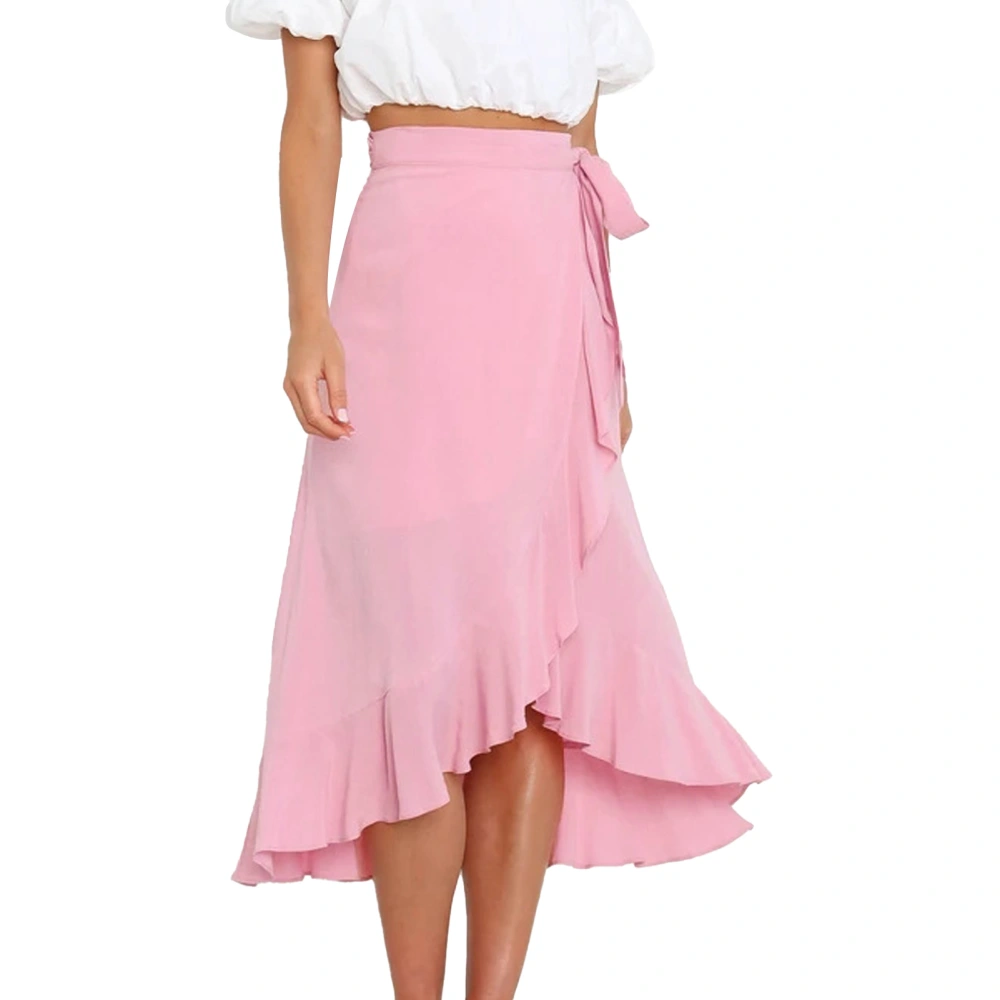 Women High Waist Wrap Skirt Ruffle Hem Pure Color One Piece Causal Split Wrap Skirt Pink M