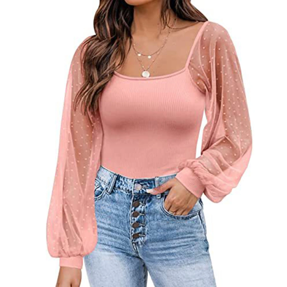 Women Mesh Dot Long Puff Sleeve Top Fashionable Casual Slim Fit Pure Color Shirt Blouse for Office Work Pink XL