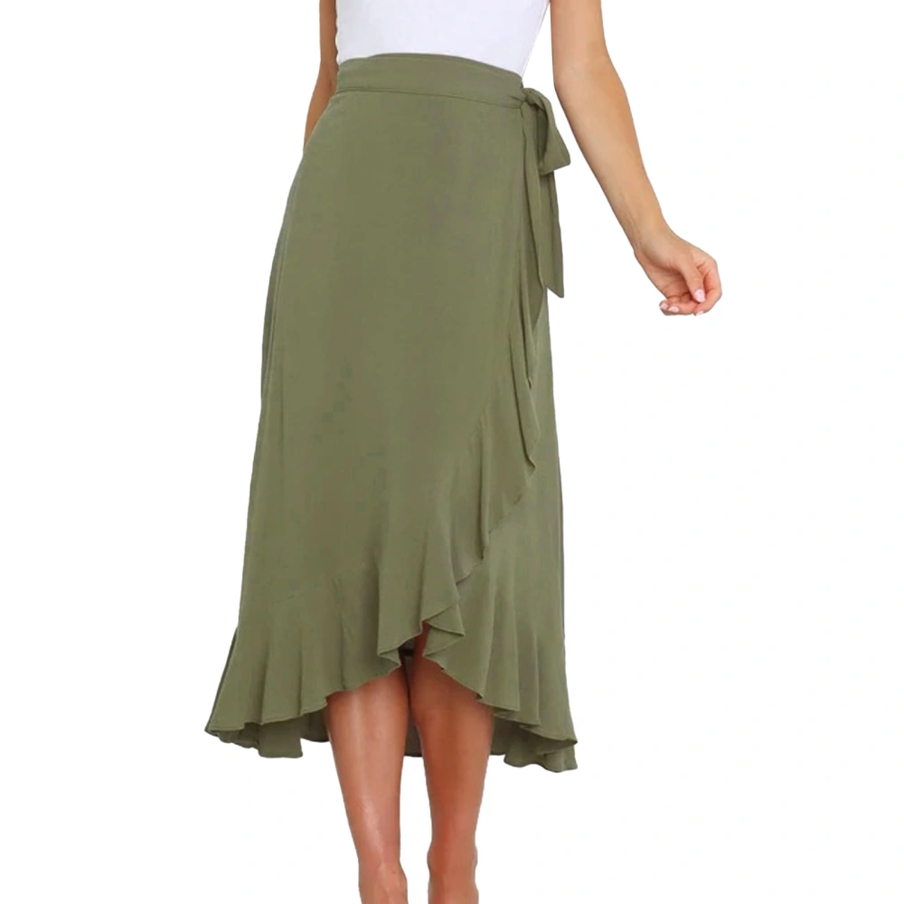 Women High Waist Wrap Skirt Ruffle Hem Pure Color One Piece Causal Split Wrap Skirt OD Green XL