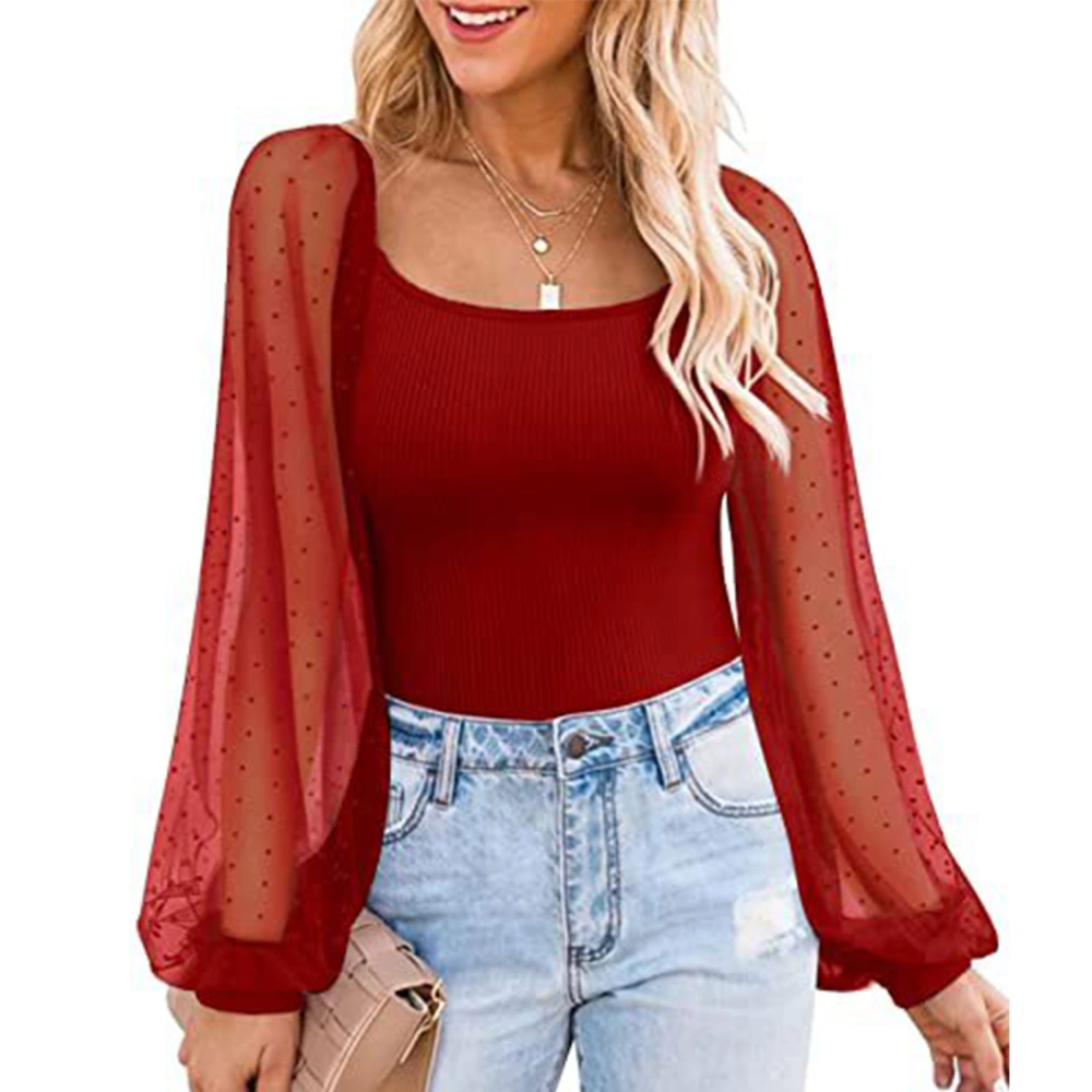 Women Mesh Dot Long Puff Sleeve Top Fashionable Casual Slim Fit Pure Color Shirt Blouse for Office Work Red M