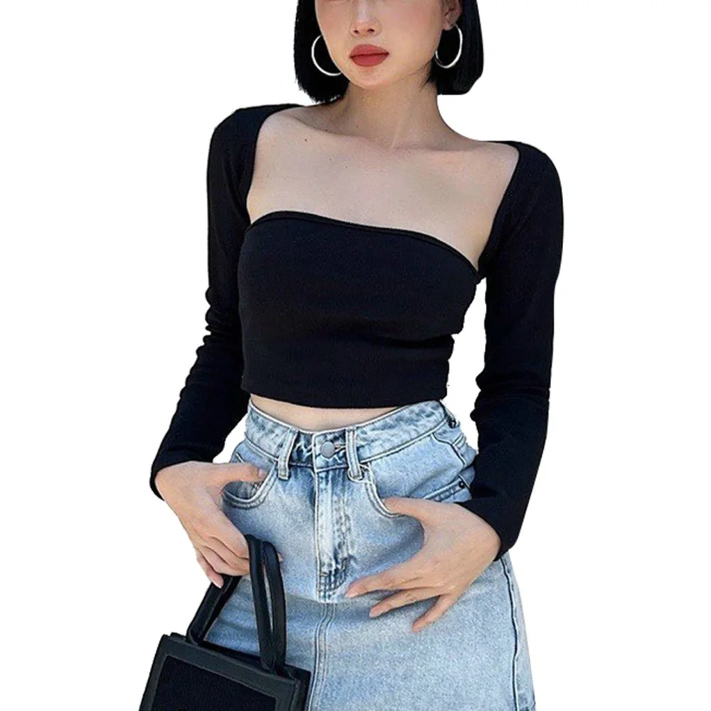 Long Sleeve T Shirt Women Casual Fashionable Pure Color Slim Fit Pullover Top Blouse for Dating Party Black M