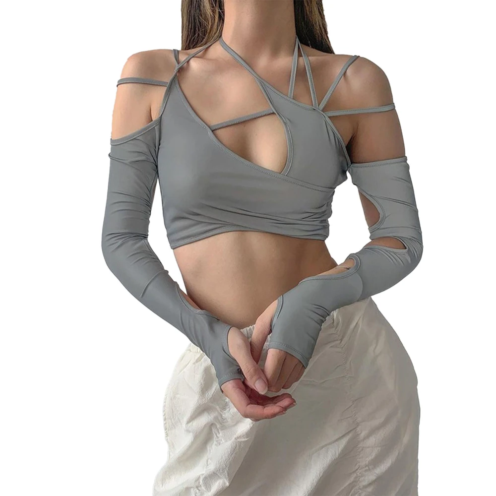 Women Tee Top Halter Neck Irregular Cut Out Long Sleeve Off Shoulder Pullover Shirt for Female Gray L