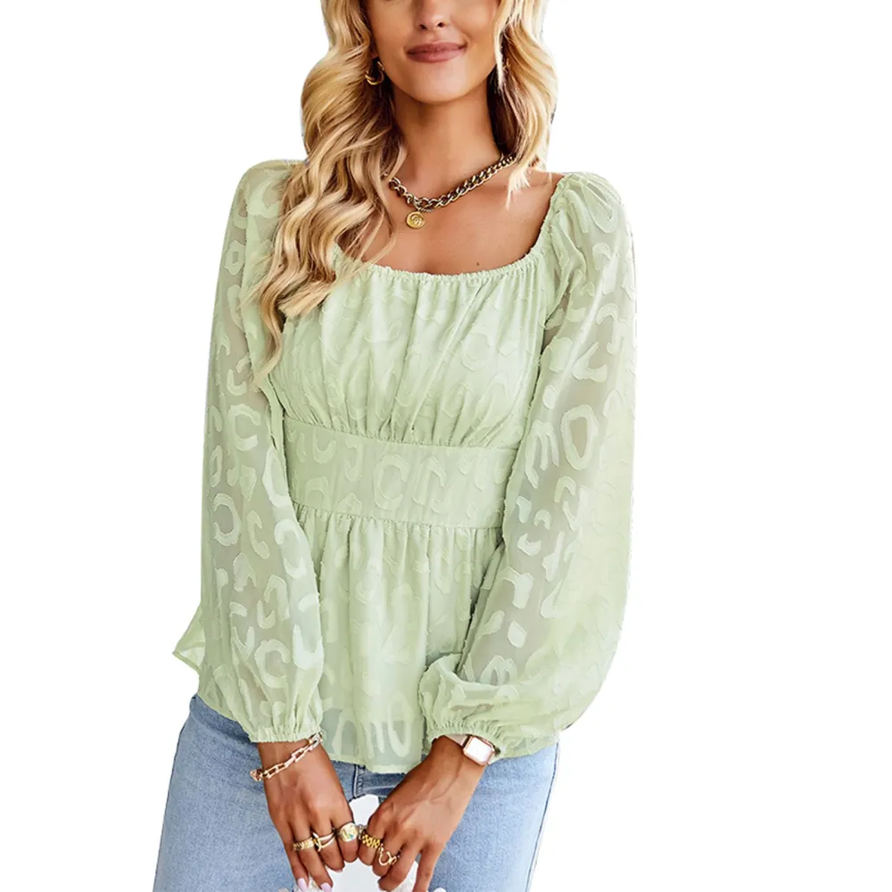 Women Long Puff Sleeves Shirts Elastic Neckline High Waist A Line Multi Layers Hem Elegant Top Light Green XL