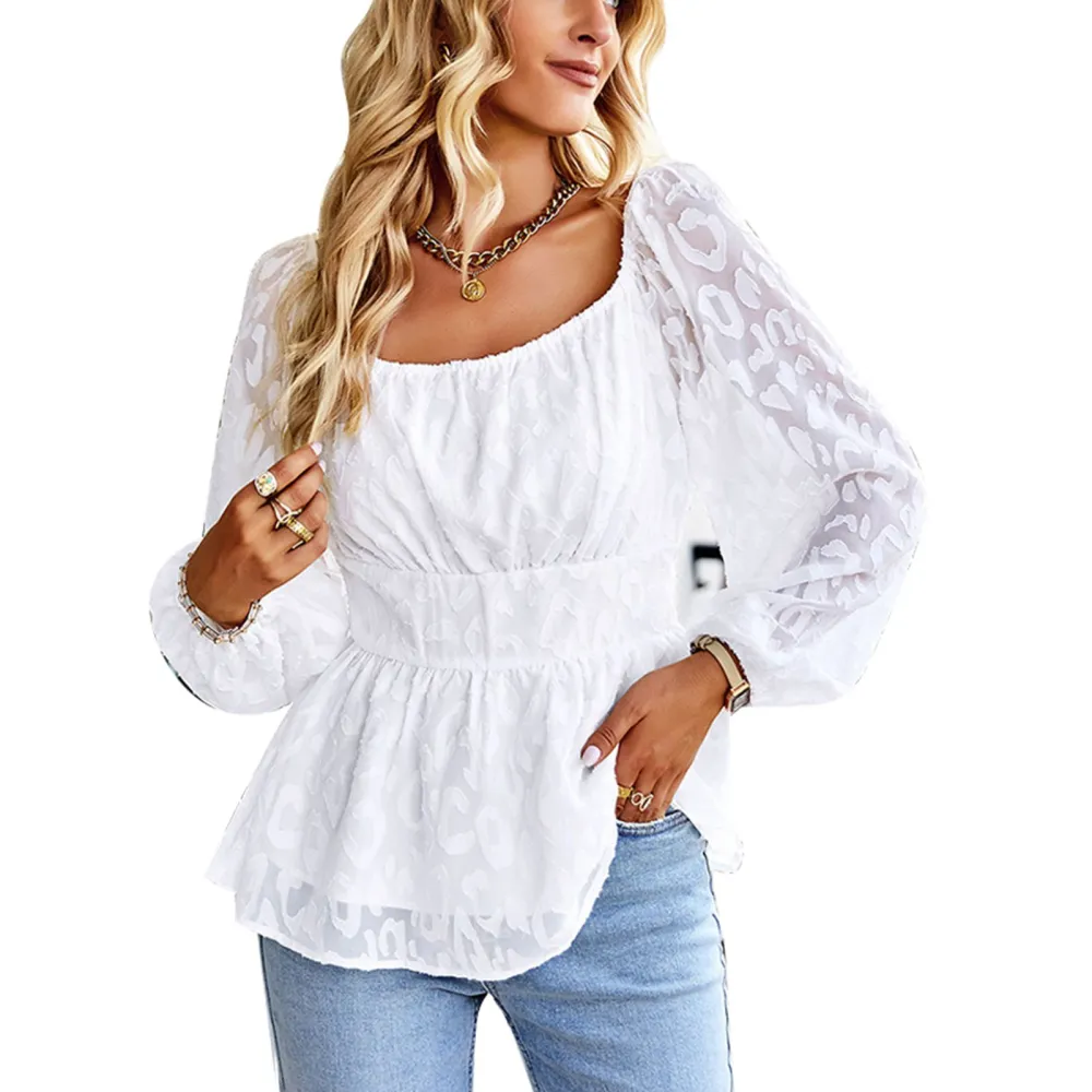 Women Long Puff Sleeves Shirts Elastic Neckline High Waist A Line Multi Layers Hem Elegant Top White L