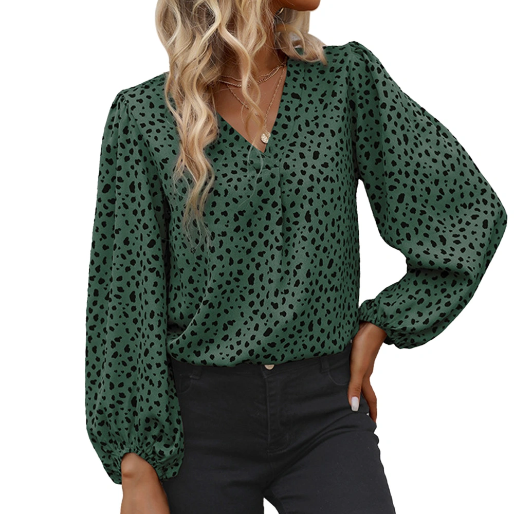 Women Blouse V Neck Lantern Long Sleeve Loose Hem Leopard Print Elastic Cuff Tunic Shirt Dark Green L