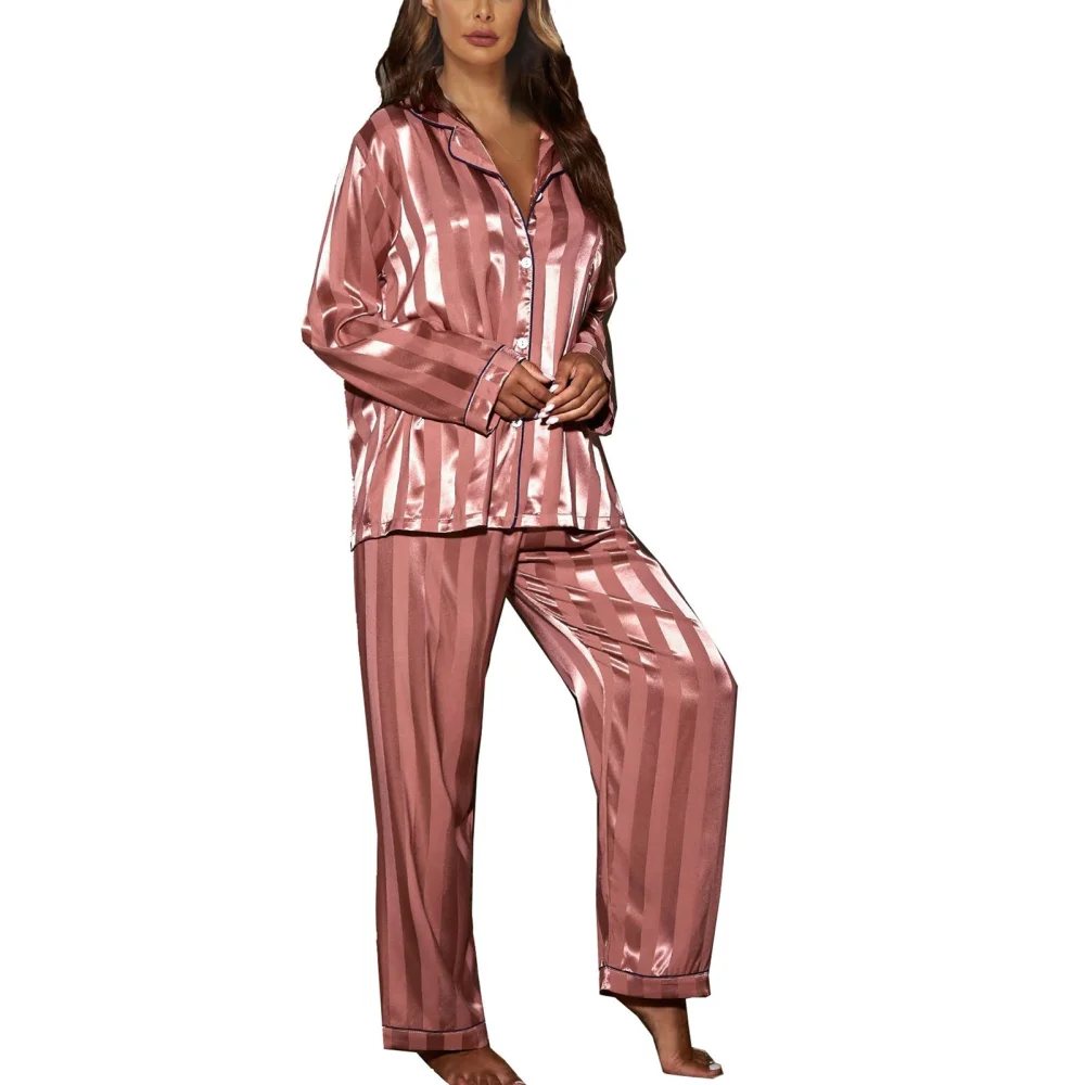 Long Sleeve Pajama Set Button with Chest Pocket Turn Down Collar Stripe 2 Pieces Sleepwear Set Rose Red L