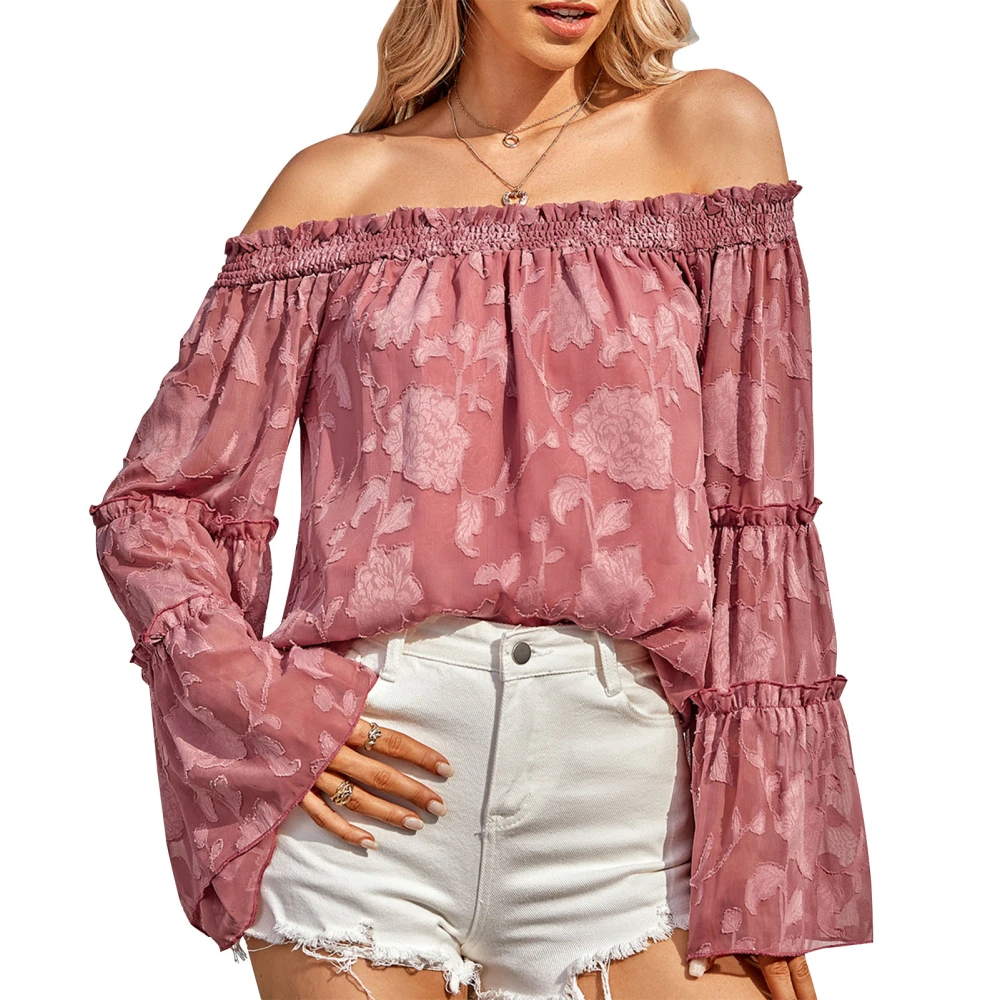 Shirred Frill Trim Off Shoulder Top Women Loose Hem Long Bell Sleeve Flower Pattern Blouse Shirt Dark Pink S