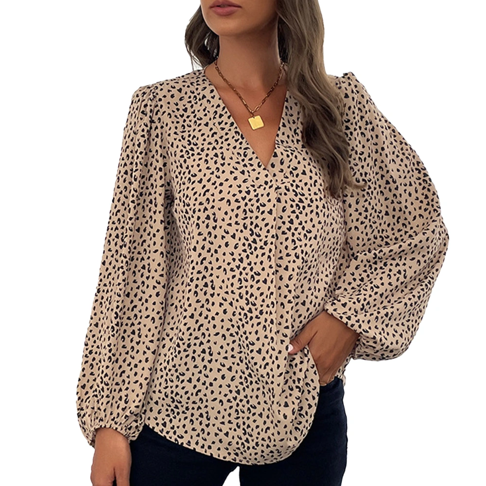 Women Blouse V Neck Lantern Long Sleeve Loose Hem Leopard Print Elastic Cuff Tunic Shirt Khaki XL