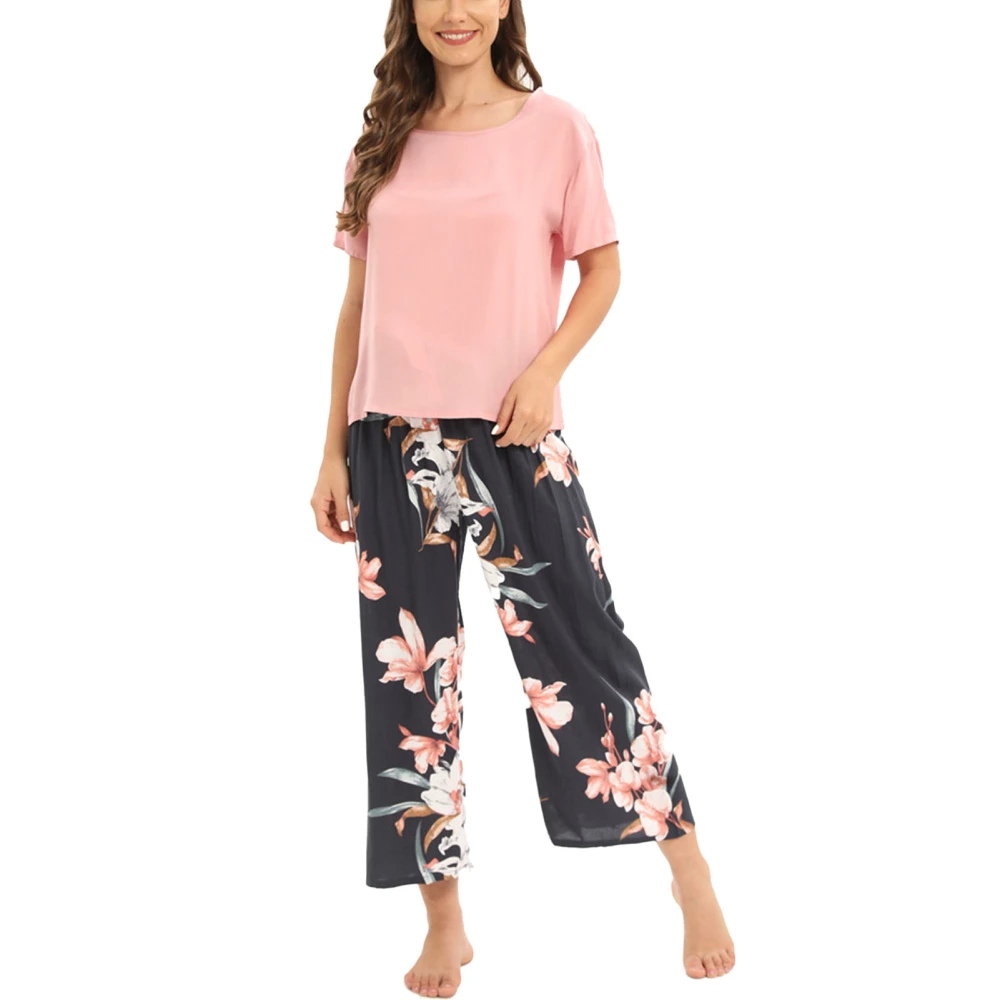 Short Sleeve Pajama Set Pure Color Top Floral Pants Soft Comfortable Crewneck Sleepwear Set for Women Winter Jasmine XL