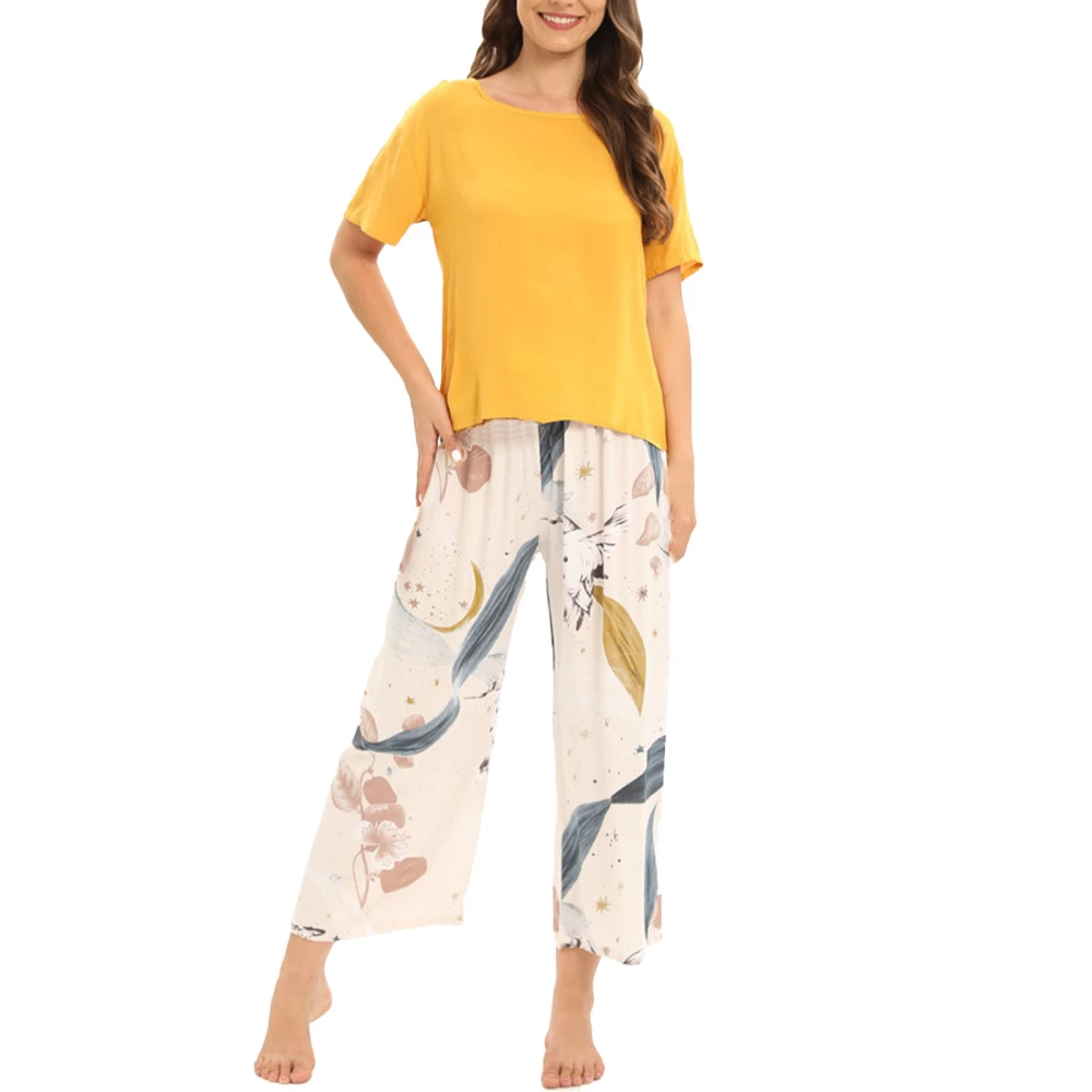 Short Sleeve Pajama Set Pure Color Top Floral Pants Soft Comfortable Crewneck Sleepwear Set for Women Leaf L