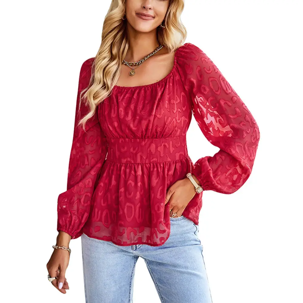 Women Long Puff Sleeves Shirts Elastic Neckline High Waist A Line Multi Layers Hem Elegant Top Red S