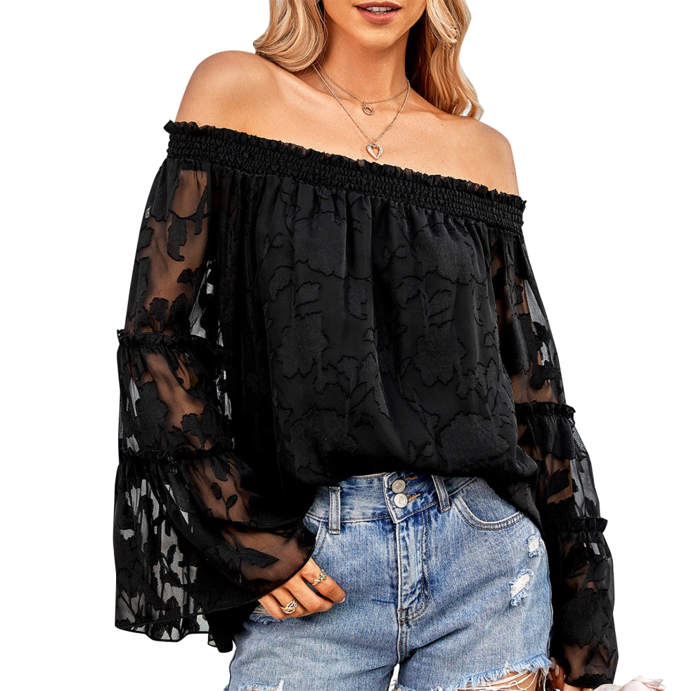 Shirred Frill Trim Off Shoulder Top Women Loose Hem Long Bell Sleeve Flower Pattern Blouse Shirt Black XL