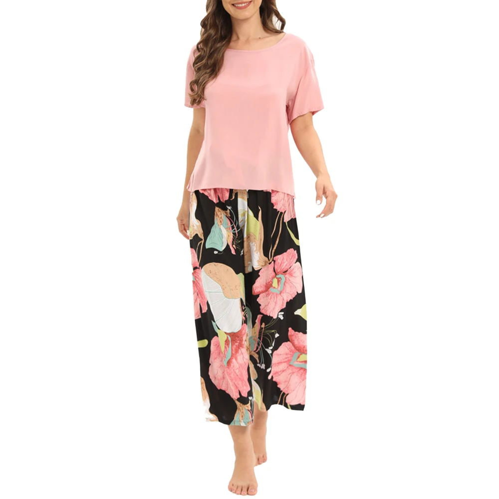 Short Sleeve Pajama Set Pure Color Top Floral Pants Soft Comfortable Crewneck Sleepwear Set for Women Begonia L