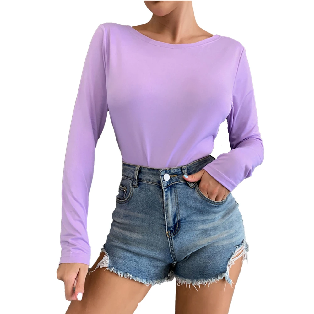 Women Open Back Tie Top Hollow Backless Breathable Long Sleeve Workout Shirt for Running Fitness Purple XL