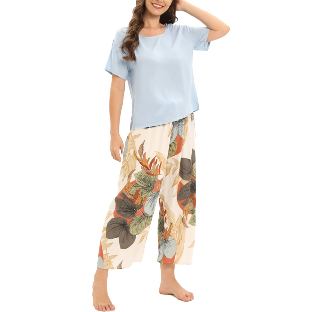 Short Sleeve Pajama Set Pure Color Top Floral Pants Soft Comfortable Crewneck Sleepwear Set for Women Banana XL