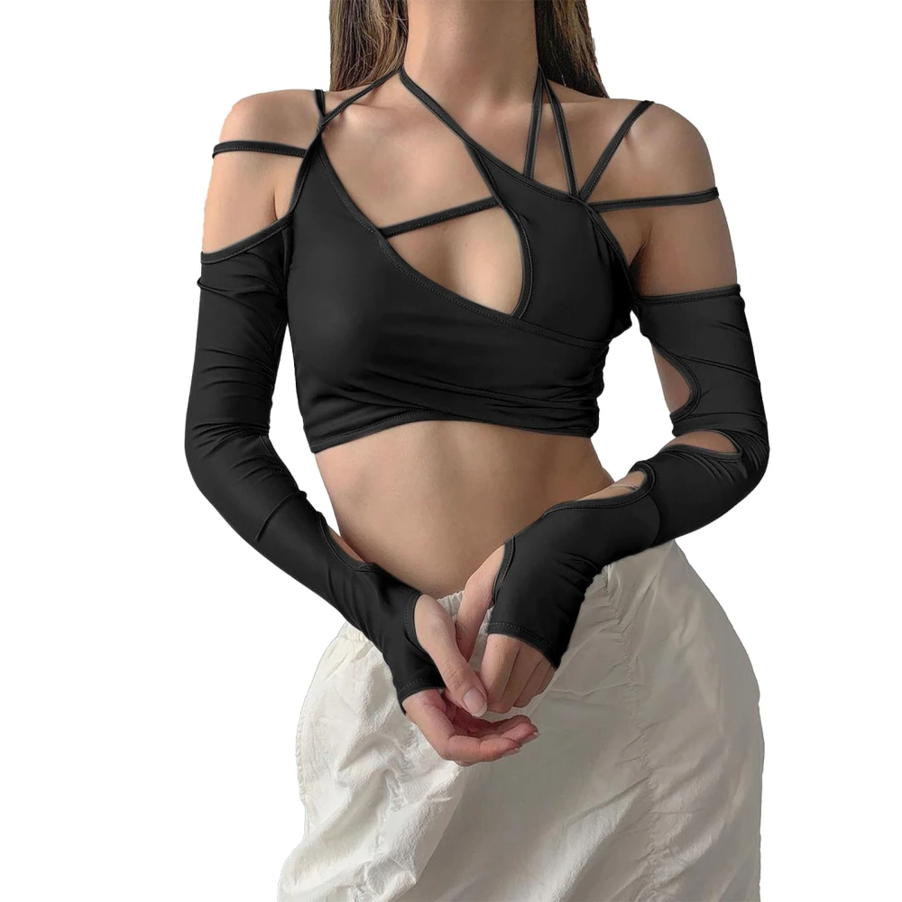 Women Tee Top Halter Neck Irregular Cut Out Long Sleeve Off Shoulder Pullover Shirt for Female Black M