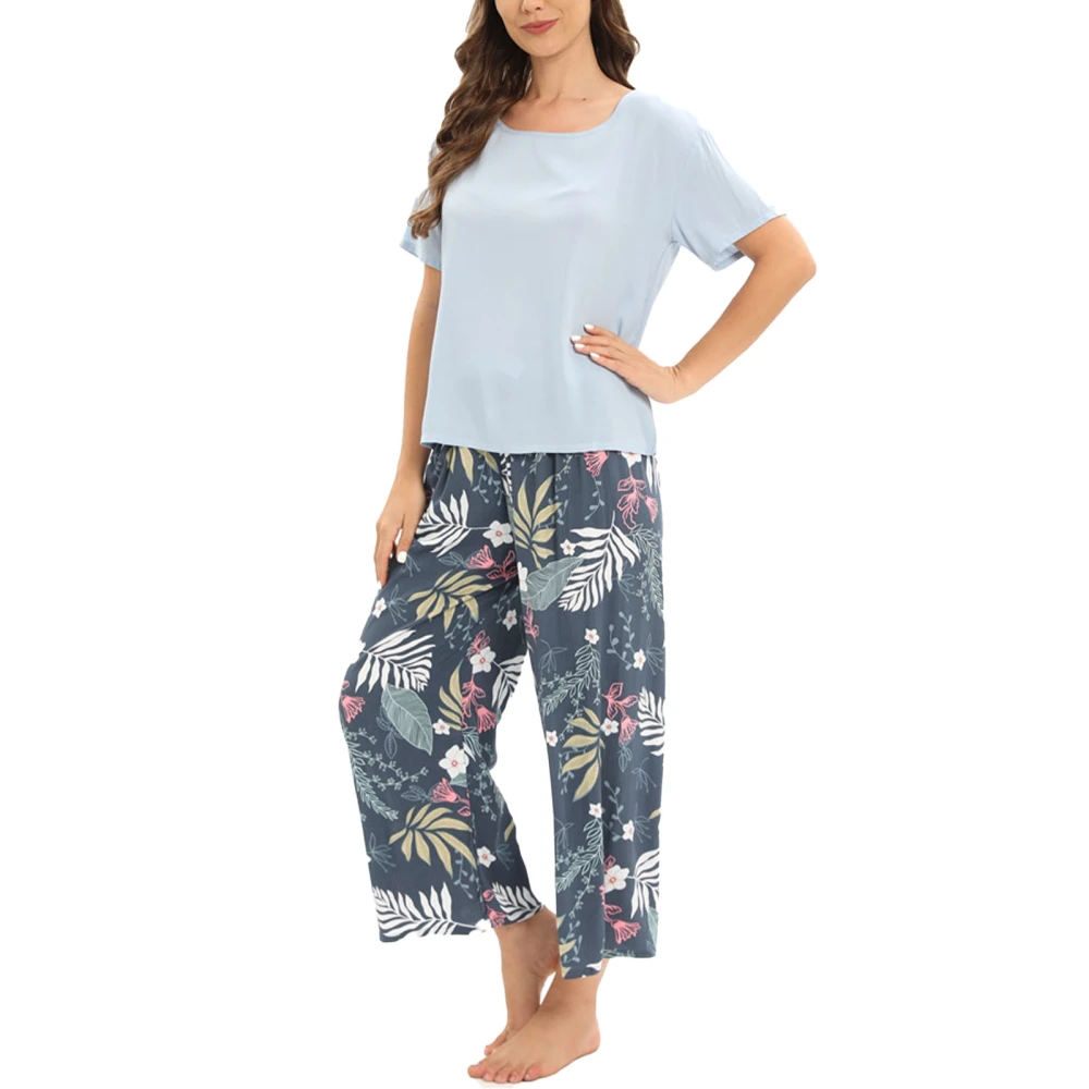 Short Sleeve Pajama Set Pure Color Top Floral Pants Soft Comfortable Crewneck Sleepwear Set for Women Lilac XL