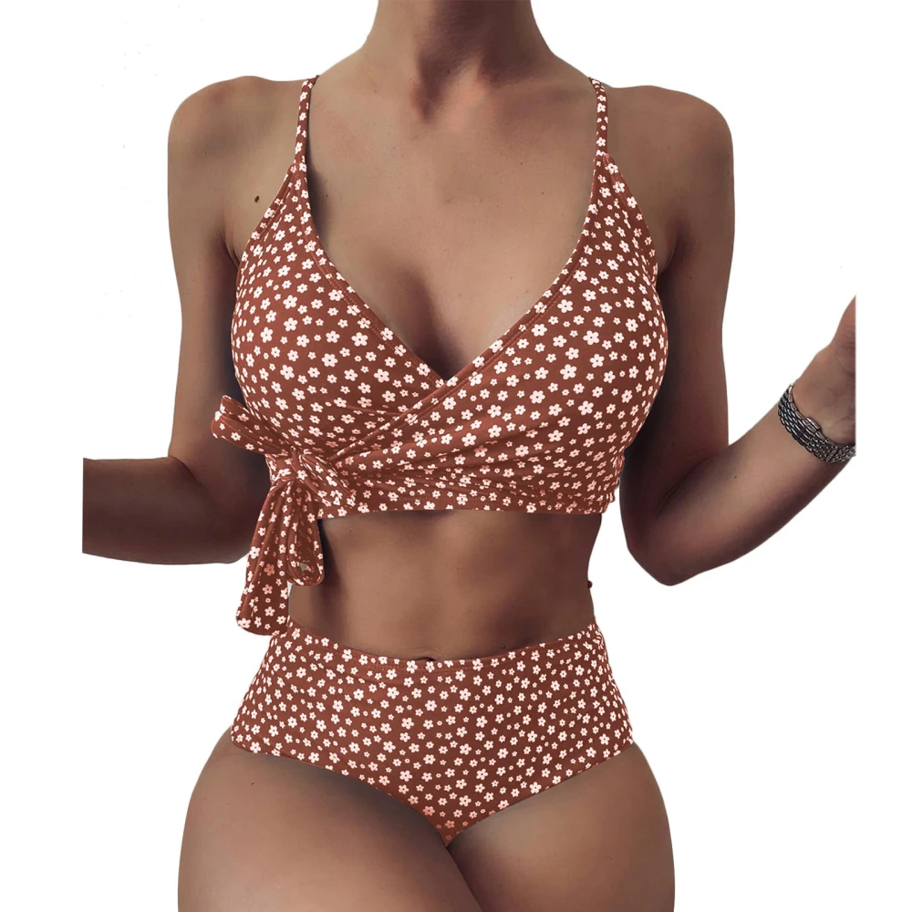 2 Piece Swimming Suit High Waisted Printed Breathable Fashionable Strap Cross Knot Swimsuit Brown XL