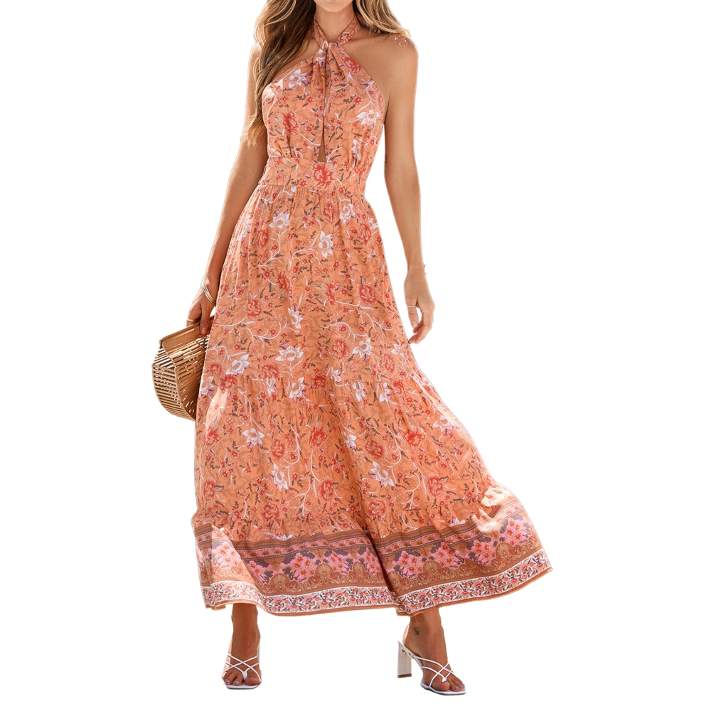 Floral Dress Bohemian Prints Sleeveless Crisscross Backless Design Ruffled Hem Maxi Dress for Wedding Party Holiday Orange L