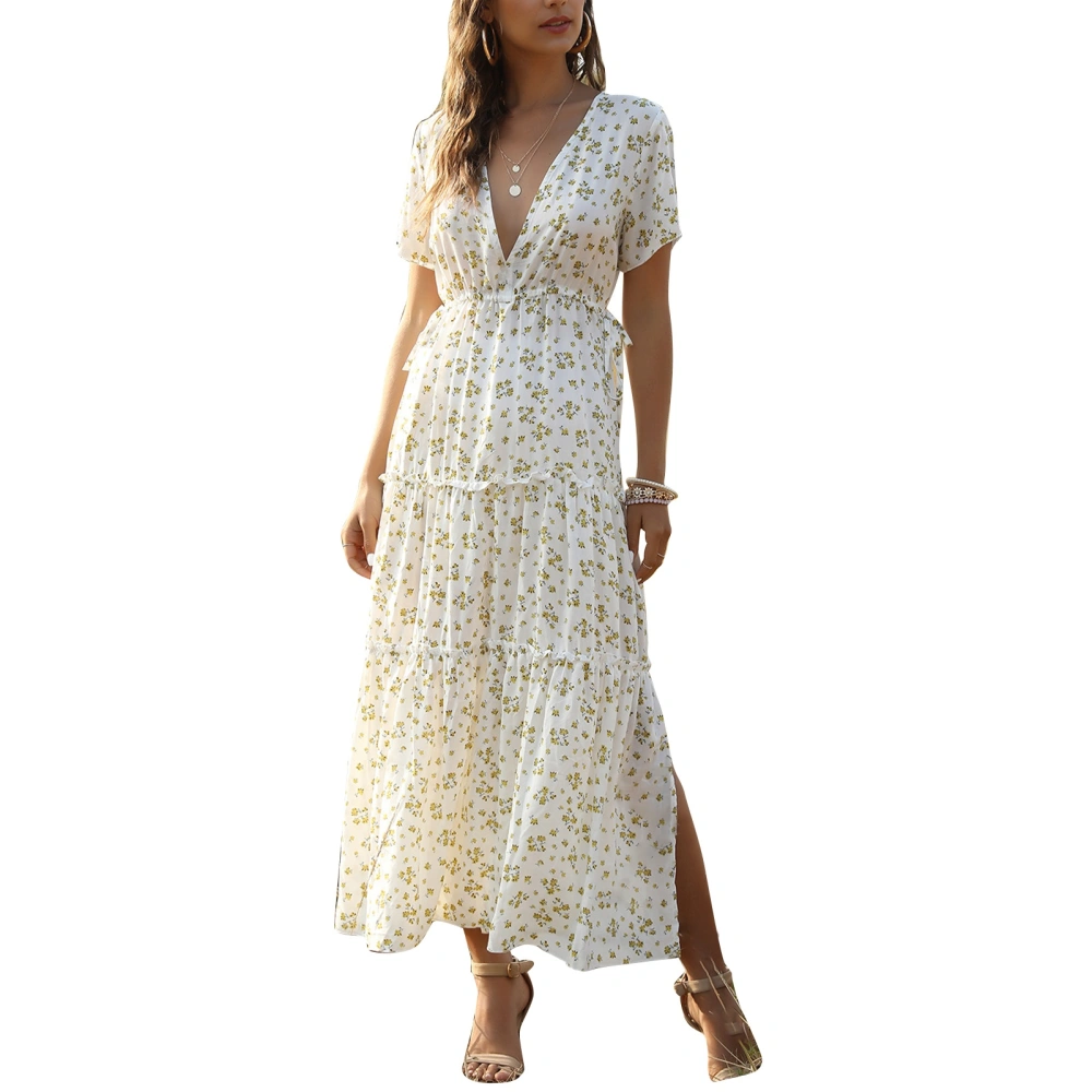 Short Sleeve Dress Deep V Neck Drawstring Tie High Waist Ruffle A Line Hem Floral Print Casual Dress for Summer White M