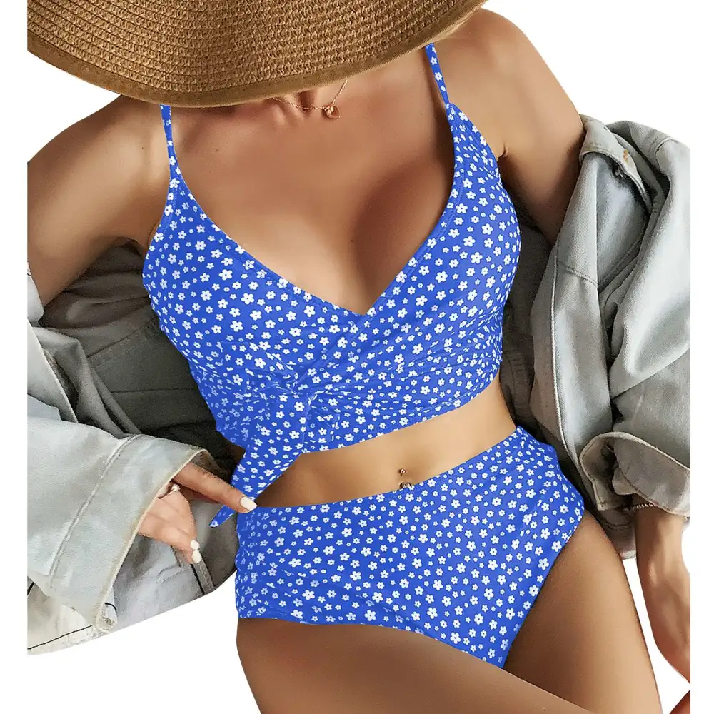 2 Piece Swimming Suit High Waisted Printed Breathable Fashionable Strap Cross Knot Swimsuit Blue S