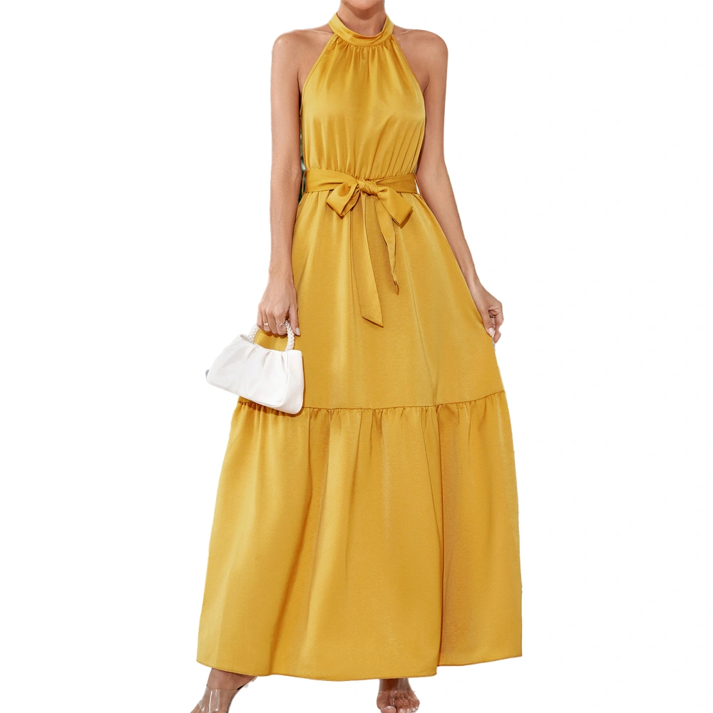 Women Long Dress Halter Neck Sleeveless Flowy Ruffle Hem Waist Belt Pure Color Summer Dress Yellow XL