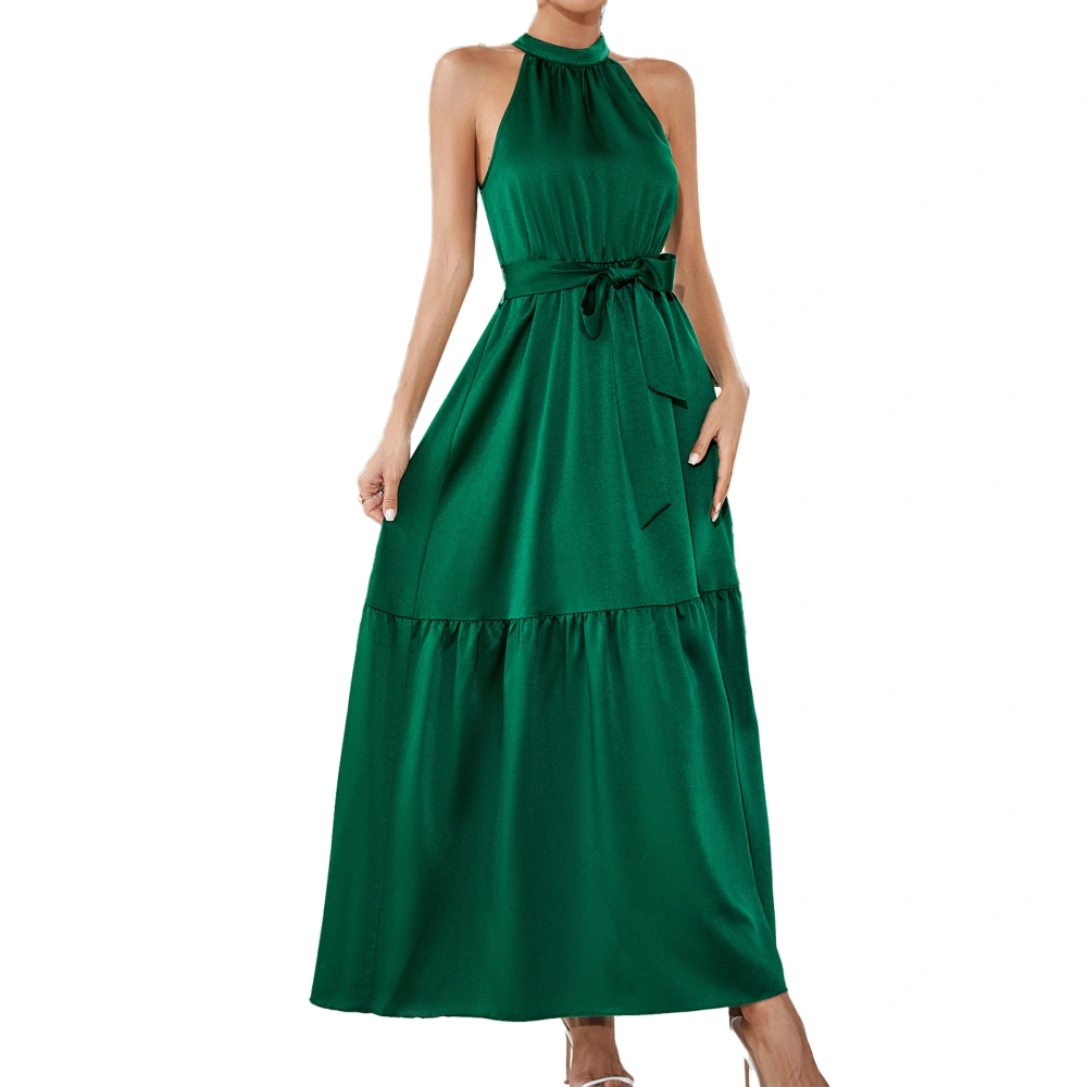 Women Long Dress Halter Neck Sleeveless Flowy Ruffle Hem Waist Belt Pure Color Summer Dress Dark Green M