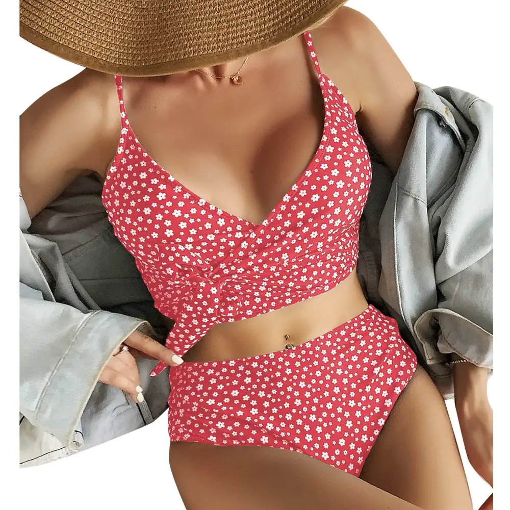 2 Piece Swimming Suit High Waisted Printed Breathable Fashionable Strap Cross Knot Swimsuit Red M