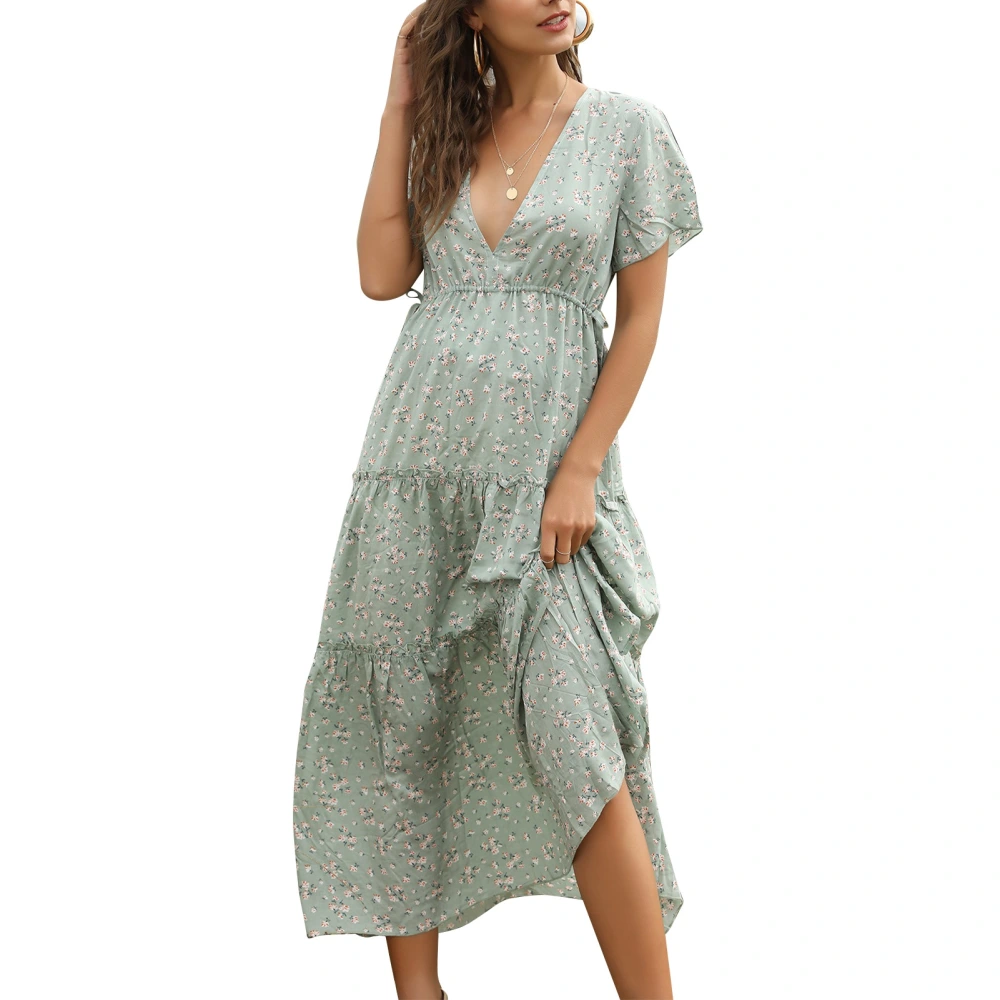 Short Sleeve Dress Deep V Neck Drawstring Tie High Waist Ruffle A Line Hem Floral Print Casual Dress for Summer Green XL