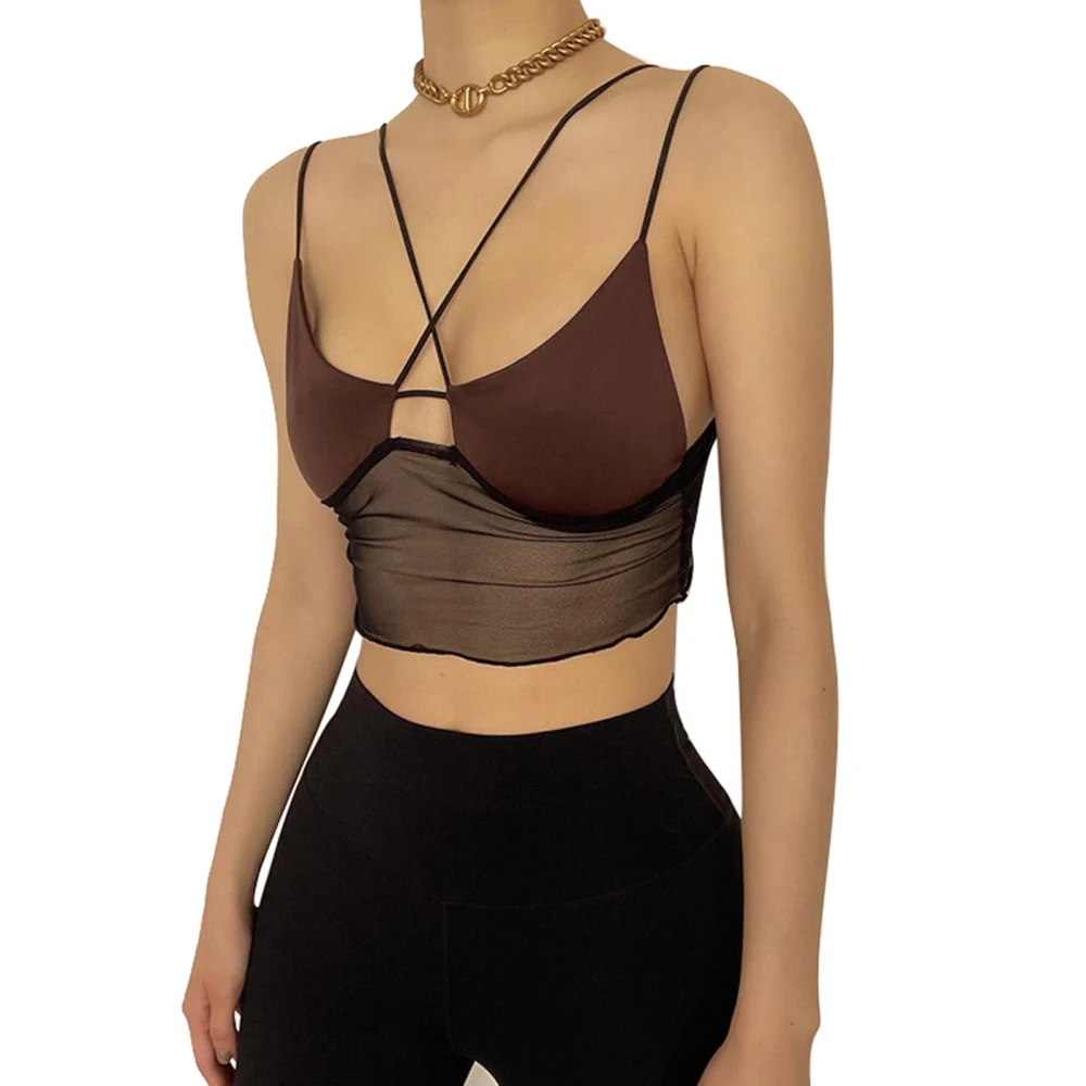 Strap Stitching Mesh Blouse Slim Fit Breathable Sleeveless Female Stitching Mesh Blouse for Dating Brown L