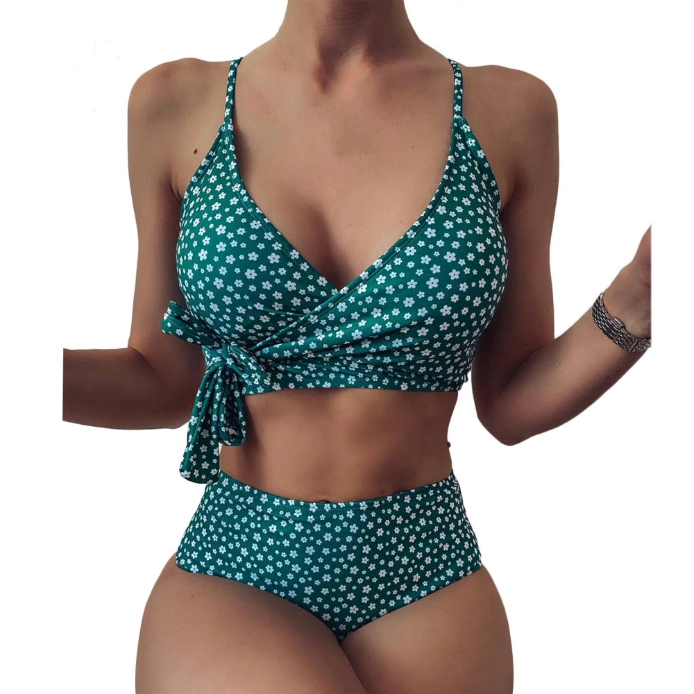 2 Piece Swimming Suit High Waisted Printed Breathable Fashionable Strap Cross Knot Swimsuit Green XL