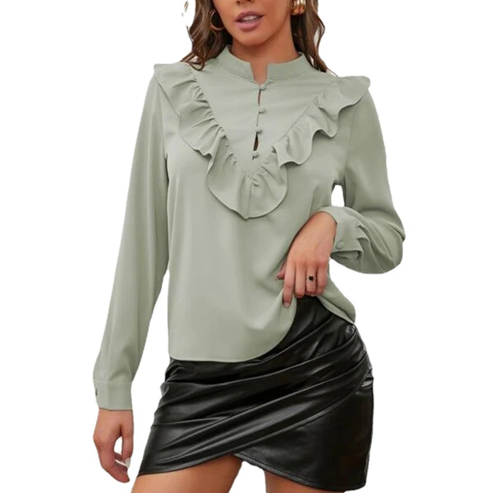 Women Ruffle Blouse Round Stand Collar Button Up V Ruffled Pure Green Womens Long Sleeve Blouse for Party Office Green XL