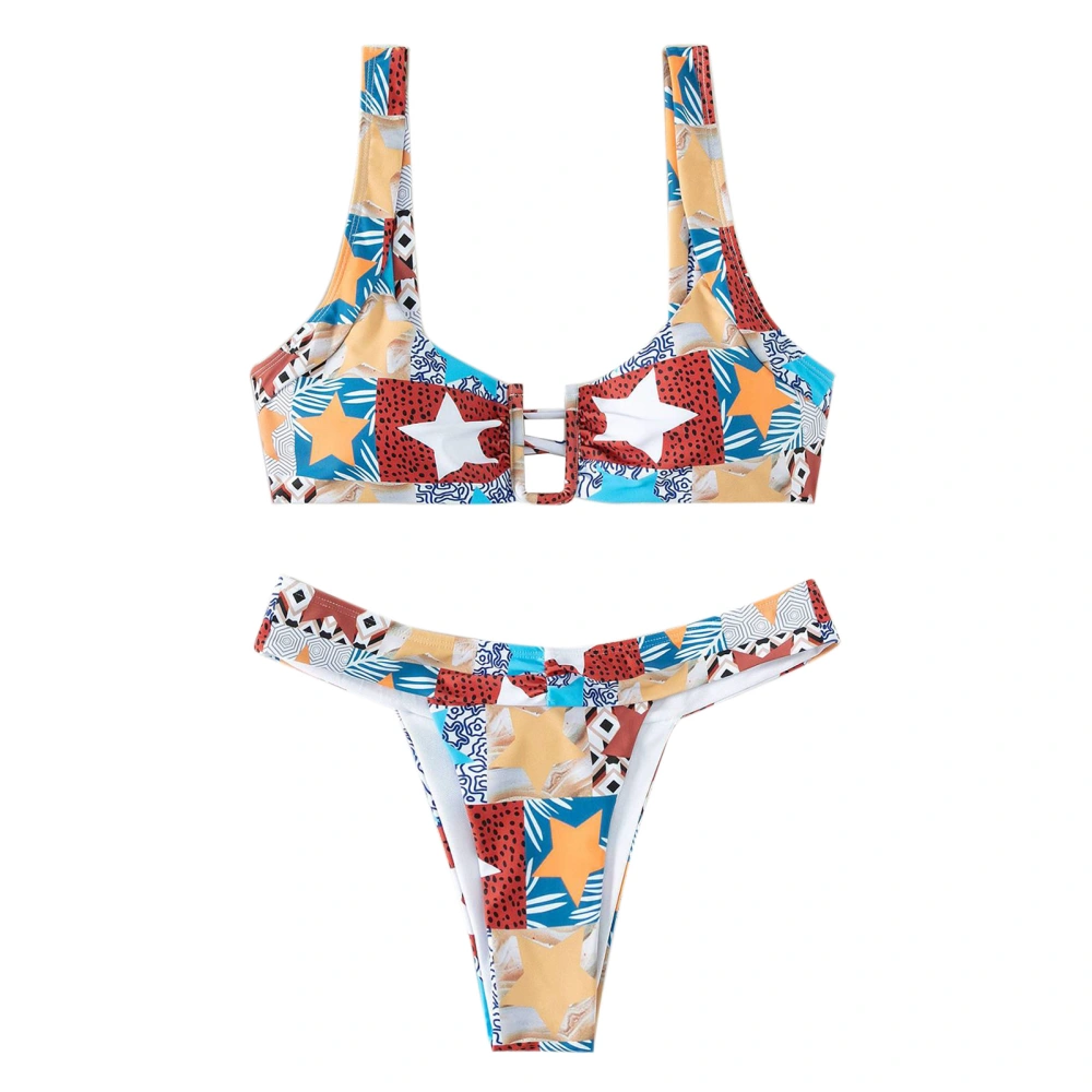 2 Pieces Swimsuit Printed Lace Up Wide Strap Elastic Soft Breathable Women 2 Pieces Bikini Set Five Pointed Star Pattern XXL