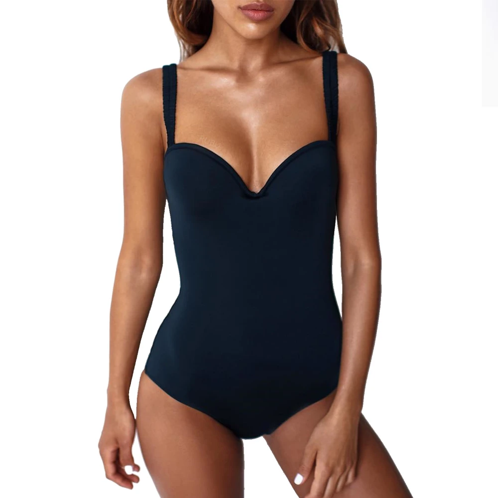 Women Swimsuit One Piece Pure Color V Neck Underwire Padded Stretchy Breathable Tankini Bathing Suit Black L